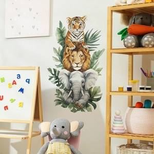 Creative animal stack wall sticker with watercolor elephant, lion, and tropical leaves