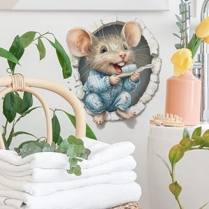 3D cartoon mouse brushing teeth wall sticker for bathroom or living room decor