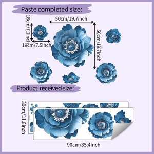 Detail showing 3D blue peony wall stickers with size dimensions and gold-edged floral design
