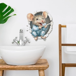 3D cartoon mouse brushing teeth wall sticker with realistic broken wall effect for bathroom