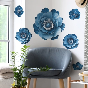 3D blue floral wall stickers set with 6 pieces for modern home bedroom decoration