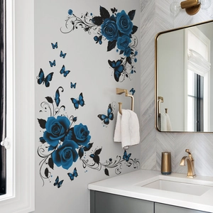 Blue Rose Butterfly Wall Stickers Removable PVC Floral Vine Decals For Bedroom Bathroom Kitchen Wardrobe Home Decor Accessory