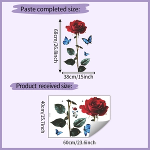 Detail showing dimensions and layout for rose and butterfly self-adhesive wall decals