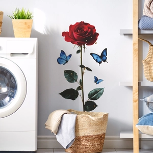 Self-adhesive floral wall sticker with red rose and blue butterflies in a cozy laundry room