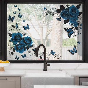 Blue rose and butterfly wall stickers for living room and kitchen window decoration