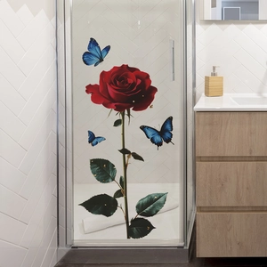 Self-adhesive red rose and blue butterflies wall sticker decor for living room or bedroom