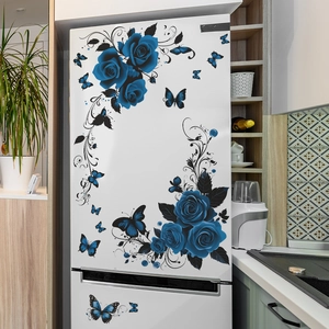 Blue rose and butterfly self-adhesive wall stickers for home decor on white refrigerator