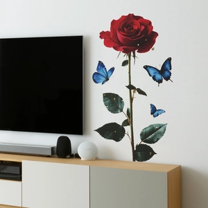 Self-adhesive wall sticker featuring red roses and blue butterflies for home decoration