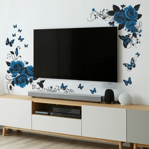 Blue rose and butterfly wall decals for home decor, self-adhesive PVC art stickers