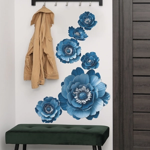 Blue 3D simulation flower wall stickers set for bedroom decor in layered gradient tones