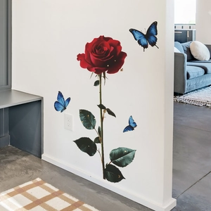 Self-adhesive wall stickers with red roses and blue butterflies for home decor