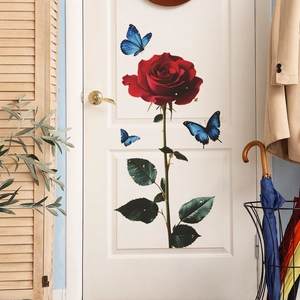 Red Rose Flower Blue Butterfly Wall Stickers PVC Self Adhesive Floral Decals For Bedroom Living Room Home Decoration