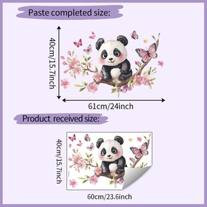 Plan détaillé des dimensions du sticker mural panda et fleurs de cerisier rose
