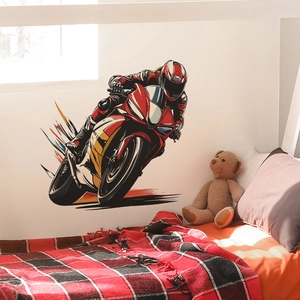 Sticker mural de motard dynamique rouge et jaune pour décoration de chambre
