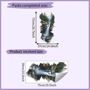 Detail of mountain forest waterfall wall sticker showing layout and finished dimensions