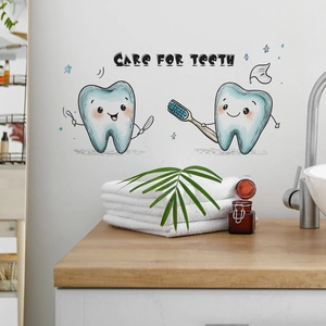 Cartoon tooth care wall sticker with 'Care For Teeth' text for home bathroom decoration