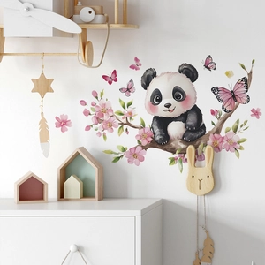 Sticker Mural Panda Dessin Animé Sur Branche de Cerisier Papillon Rose Floral PVC Amovible Pour Chambre d'Enfant
