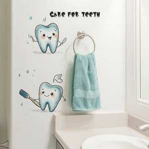 Cartoon teeth wall sticker with Care for Teeth text for bathroom wall decoration