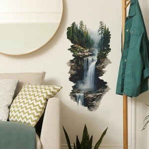3D Waterfall Forest Landscape Wall Sticker Self Adhesive PVC Nature Scenery Mural For Living Room Bedroom Home Decor