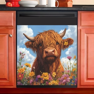 Highland Cow Wildflower Wall Sticker PVC Self Adhesive Decor For Dishwasher Kitchen Living Room Bedroom 34x34cm Decor