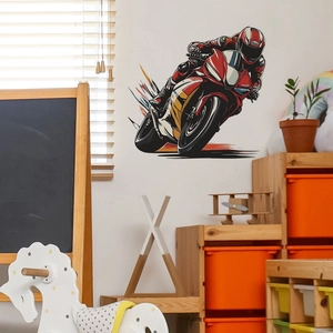 Sticker mural de motard dynamique rouge et noir pour décoration de chambre d'enfant