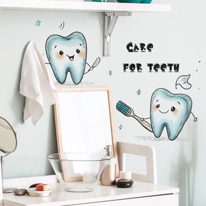 Cartoon teeth brushing wall sticker with Care For Teeth text for bathroom decor