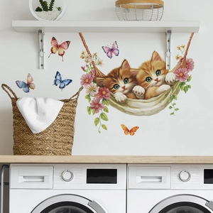 Süße Katzen In Hängematte Wandaufkleber Mit Schmetterling Blume Selbstklebende PVC Wandtattoo Für Schlafzimmer Wohnzimmer Dekoration