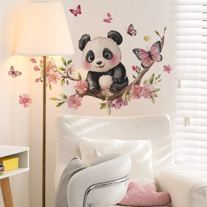 Sticker mural autocollant avec panda, fleurs roses et papillons pour décoration