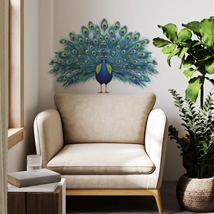 Peacock wall sticker for living room with blue feathers and modern furniture decor