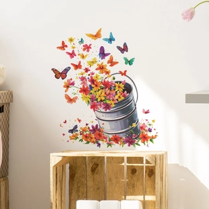 Sticker Mural Seau en Fer Rêveur Fleur Papillon Autocollant PVC Décalcomanie Pour Chambre Salon Décoration de la Maison Murale