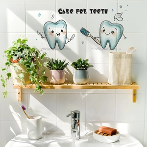 Cartoon teeth and toothbrush wall stickers with Care for Teeth text on white bathroom tiles