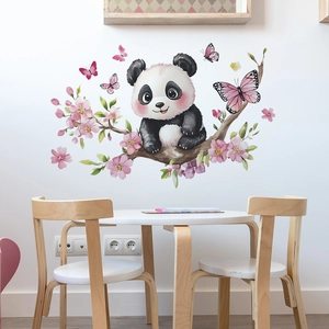 Sticker mural panda autocollant avec fleurs de cerisier roses pour chambre d'enfant