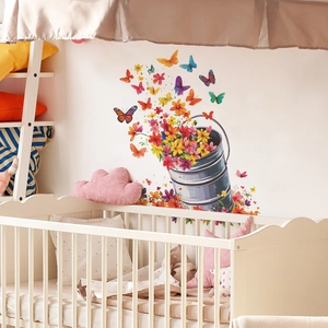 Stickers muraux fleurs en seau métallique et papillons colorés pour déco intérieure