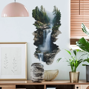 3D nature wall sticker featuring a forest waterfall and mountain landscape for home decor