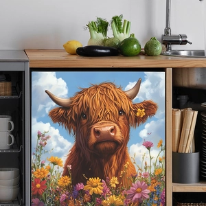 Self-adhesive Highland Cow wall sticker with colorful wildflowers for home decor