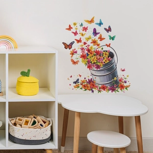 Stickers muraux fleurs et papillons colorés avec seau pour décor maison