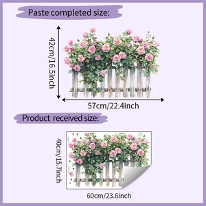 Size specifications for pink rose and white fence watercolor wall stickers