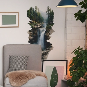 Forest waterfall wall sticker mural for living room with lush green pine forest scenery