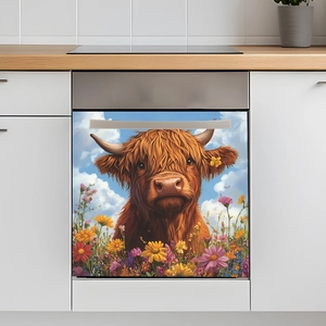 Magnetic dishwasher decal with highland cow and colorful wildflowers illustration