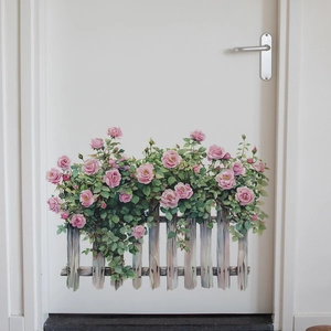 Pink Rose Flower Wooden Fence Wall Sticker Self Adhesive PVC Decal For Bedroom Living Room Wardrobe Home Decoration Pastoral Floral Mural