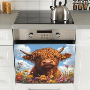Cartoon Highland Cow with flowers wall sticker for kitchen oven door decoration