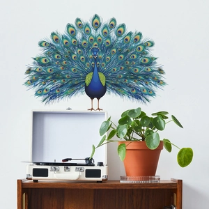 Vibrant blue peacock wall sticker with realistic feather texture for elegant home decor