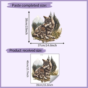 Detail view of cute wolf and cub wall sticker with product dimensions and layout