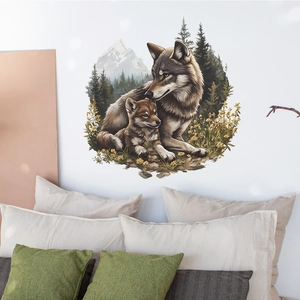 Cute wolf family forest wall sticker for bedroom featuring cozy trees and snowy mountains