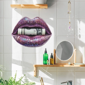 Modern pop art wall sticker featuring glitter purple lips biting a rolled US dollar bill