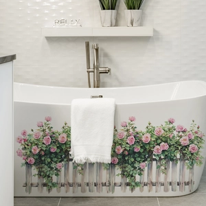 Pink rose and wooden fence wall stickers for modern freestanding bathtub decoration