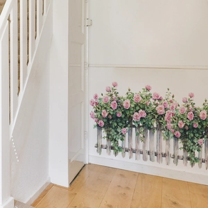Self-adhesive pink rose flower and white fence wall stickers for home bedroom decoration