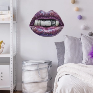 Purple glitter lips and dollar bill wall sticker for bedroom and living room decor