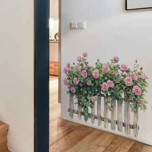 Self-adhesive watercolor pink rose flower wall stickers with grey wooden fence for home decor