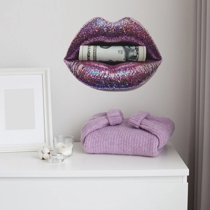 Creative purple glitter lips and dollar bill wall art decal for living room decor